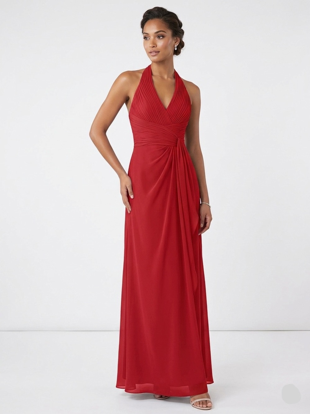 David’s Bridal, Red Halter Evening Gown - Elegant V-Neck Maxi Dress - 12
